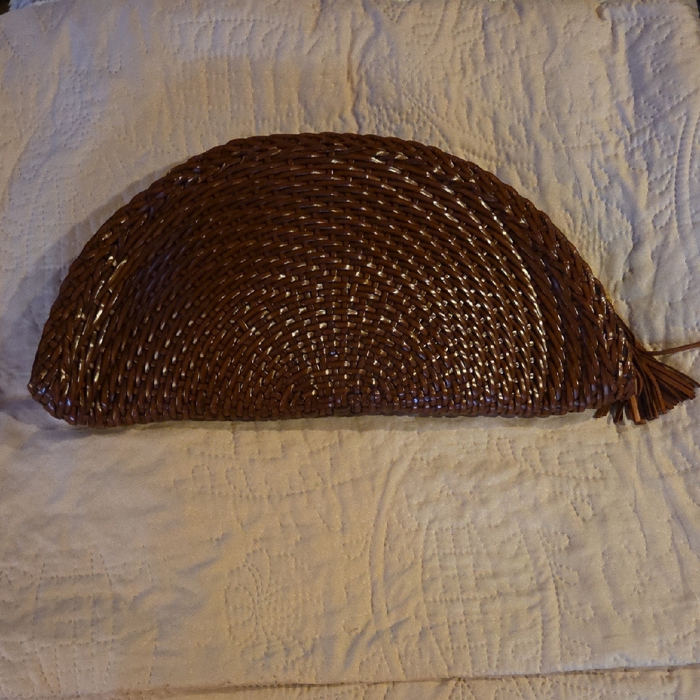 Half-Moon Brown Leather Woven Clutch with Tassel